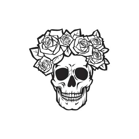 human skull with roses black and white vector illustration