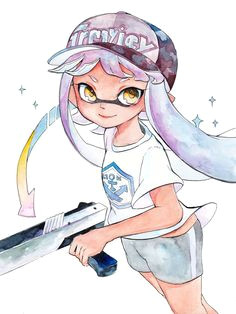 domino mask dutch angle hat highres holding weapon inkling long hair looking at viewer mask n zap splatoon pink hair shirt short sleeves simple