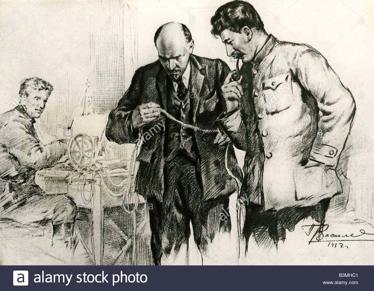 lenin and stalin in the pravda offices shown in a 1940s drawing designed to emphasise their