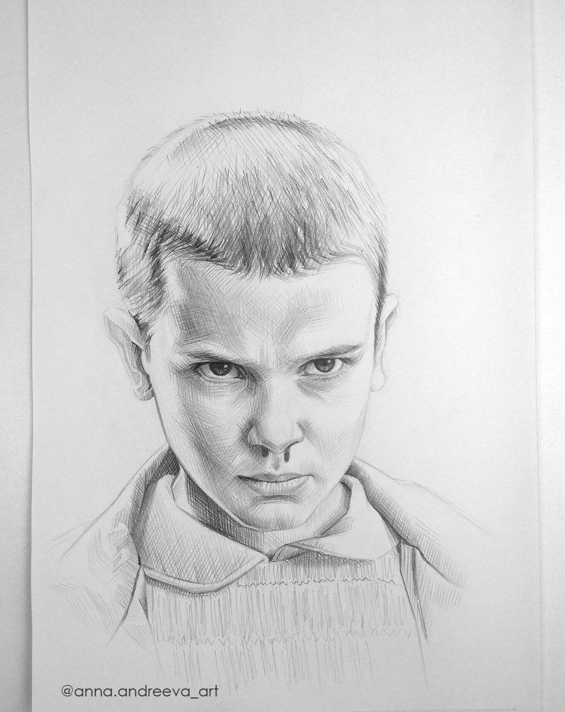 stranger things pencil drawing fan art of eleven by anna andreeva