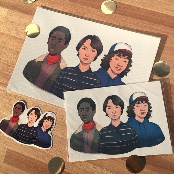 a5 postcard print drawing stranger things fan art mike dustin lucas eleven caricature limited editio