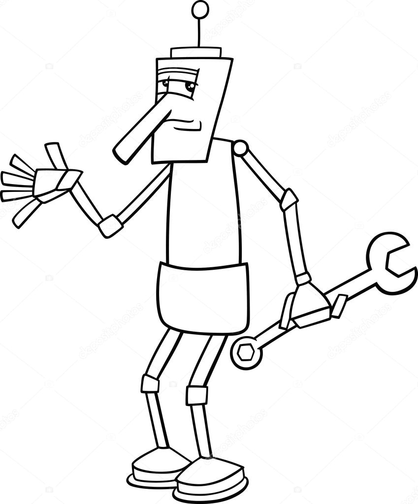 black and white cartoon illustration of funny fantasy robot character with wrench for coloring book wektor od izakowski
