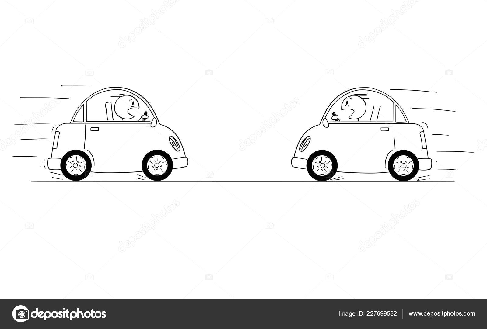 cartoon drawing od two cars driving against each other just moments before head on collision crash accident stock illustration