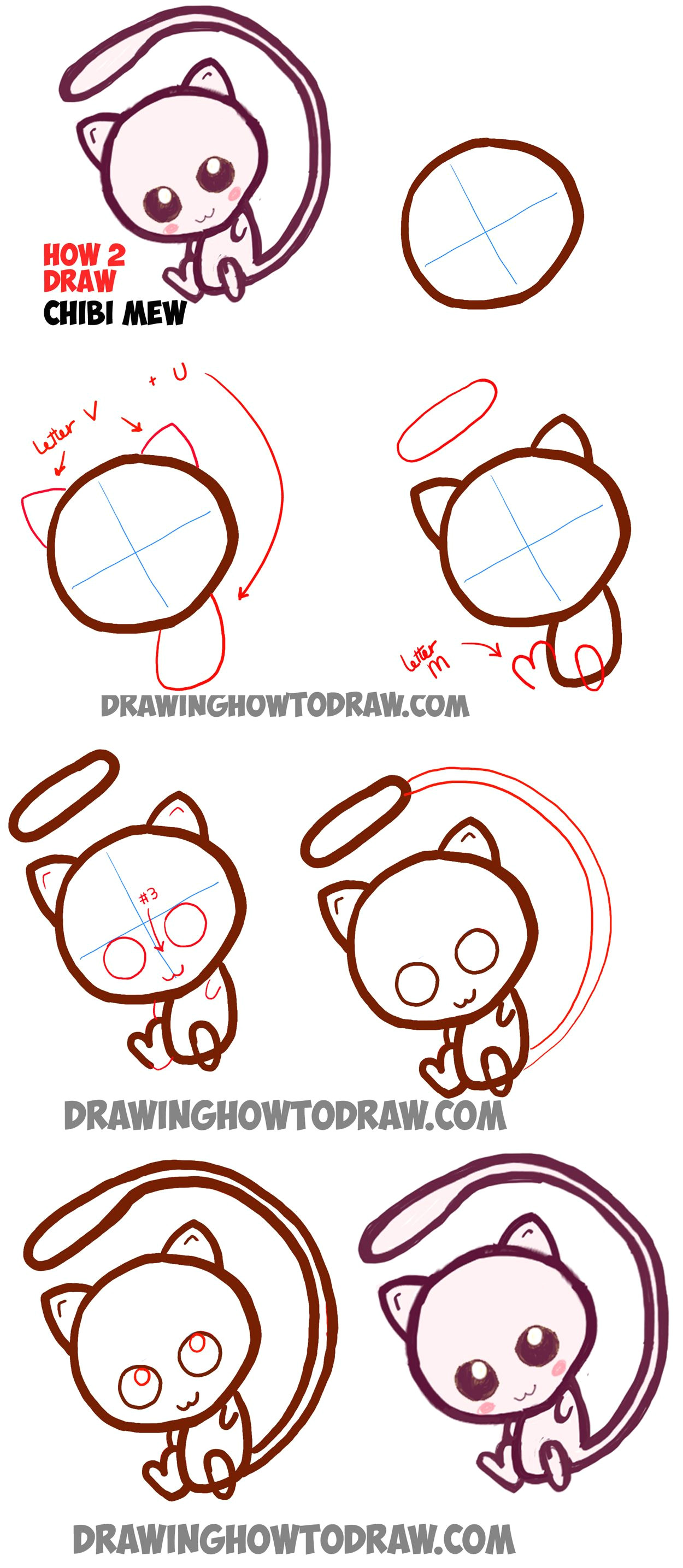 learn how to draw cute baby chibi mew from pokemon simle steps drawing lesson