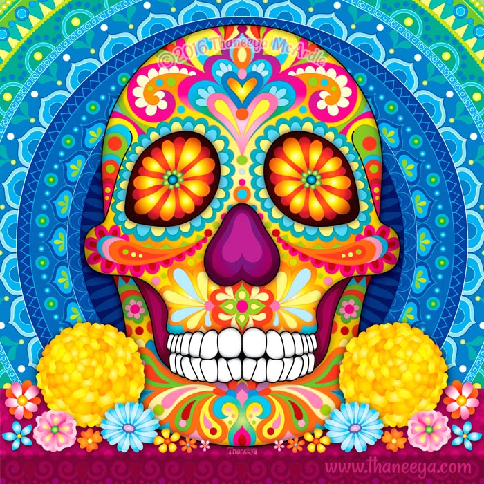 incandescent colorful sugar skull by thaneeya