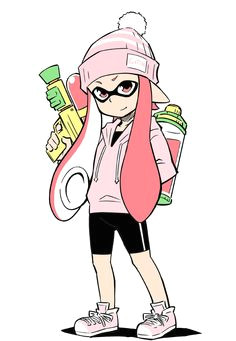 1girl anbe masahiro bike shorts hat hoodie inkling knit hat pink eyes pink hair shoes smile sneakers splatoon super soaker squid girl