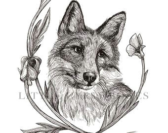 fox and buttercup 8x10 digital print red foxartwork pen and ink drawing buttercups flower original artwork botanical flower fox art