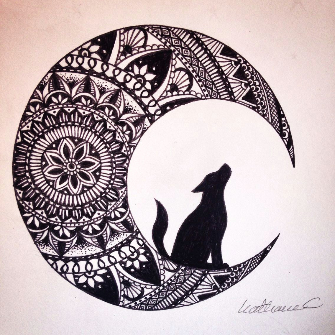 Wolf Drawing Mandala Wolf In the Moon Black Ink Mandala Drawing Brusho Zeichnungen