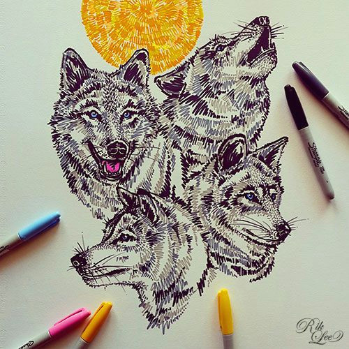 and out come the wolves last year i put down the pencils for a few weeks and messed around with coloured sharpie markers here s one of the drawings i made