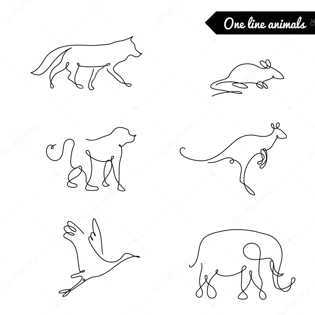 one line animals set logos vector stock illustration with fox wolf kangaroo