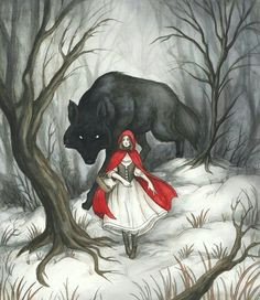 this picture is classic image of little red riding hood and the big bad wolf i chose this picture because it represent typical imagery in fairy tales