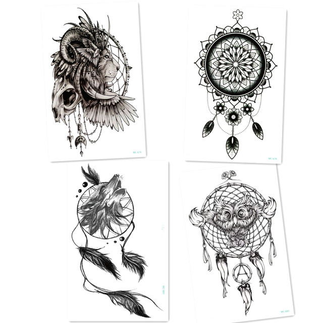 4pcs black wolf with feather dreamcatcher tattoos lion owl cool beauty arm big tatoo waterproof temporary tattoo stickers men