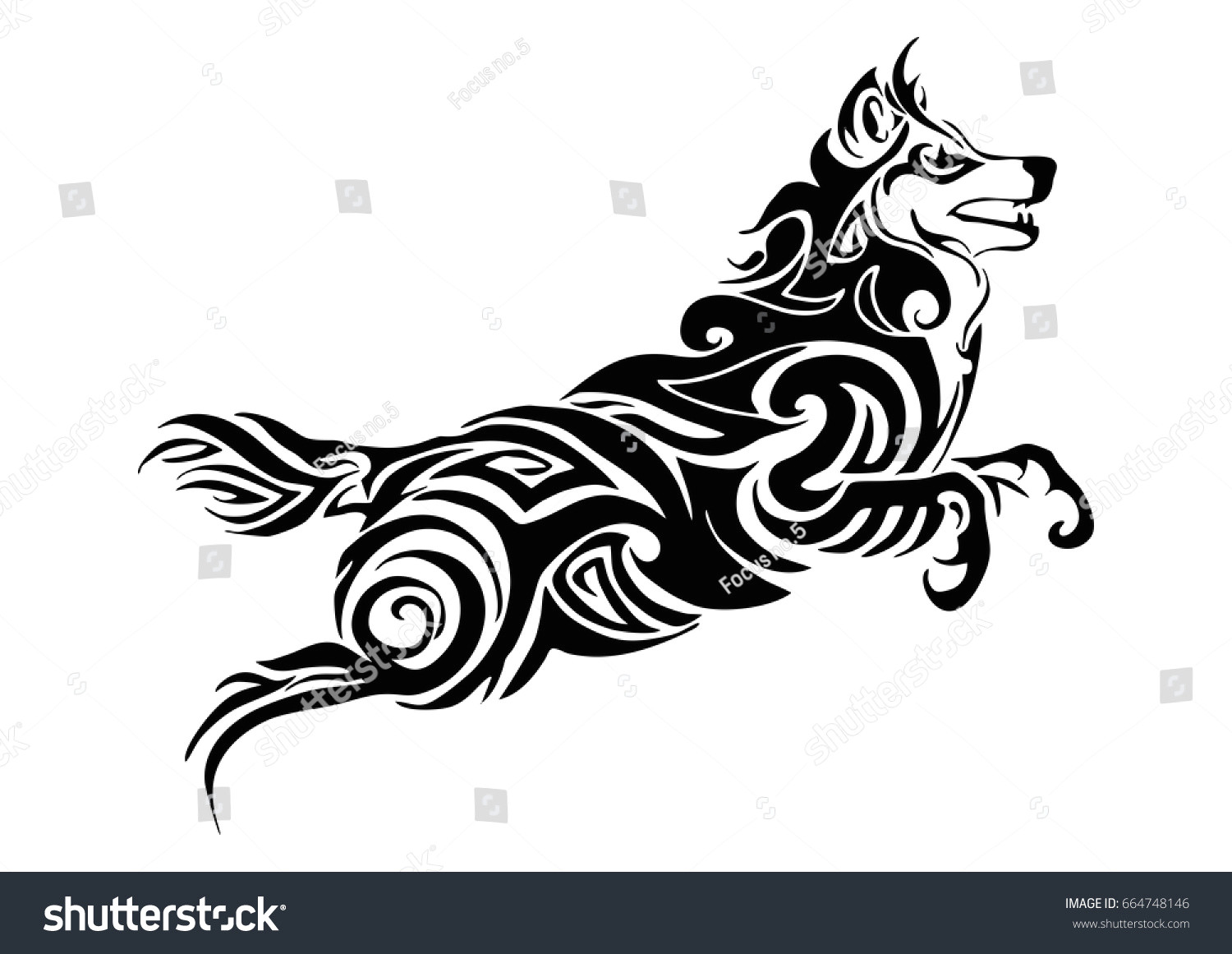 leader wolf jumping tribal tattoo silhouette isolate vector