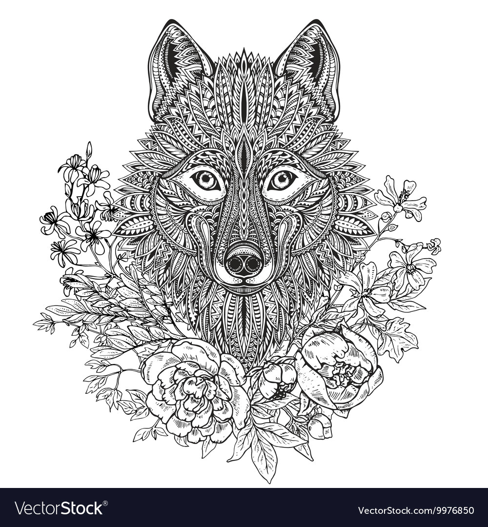 hand drawn graphic ornate head of wolf with ethnic vector image
