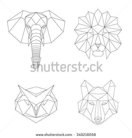 vector geometric low poly illustrations set lion elephant wolf and owl animal heads