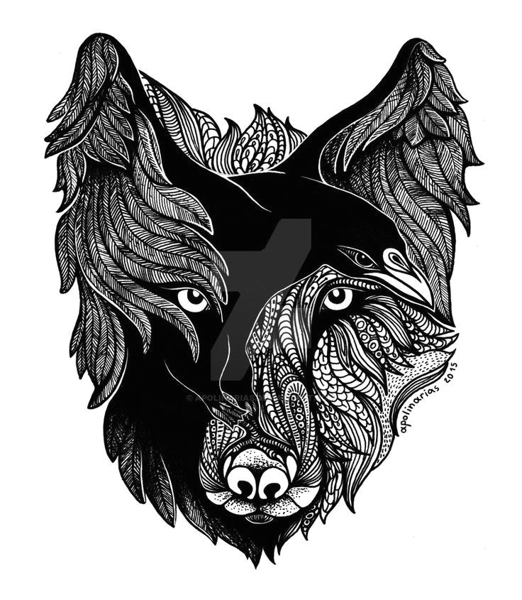 raven feathers wolf head tattoo design
