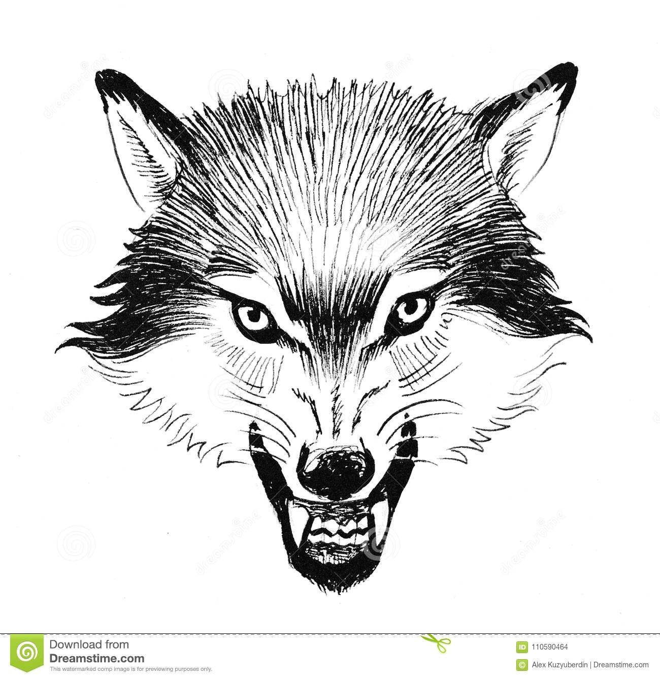 ink black and white illustration of an angry wolf