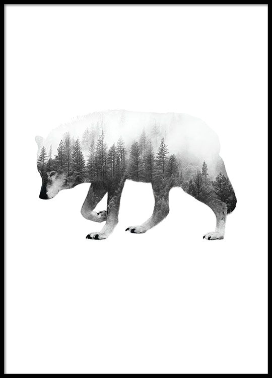 black and white poster of wolf