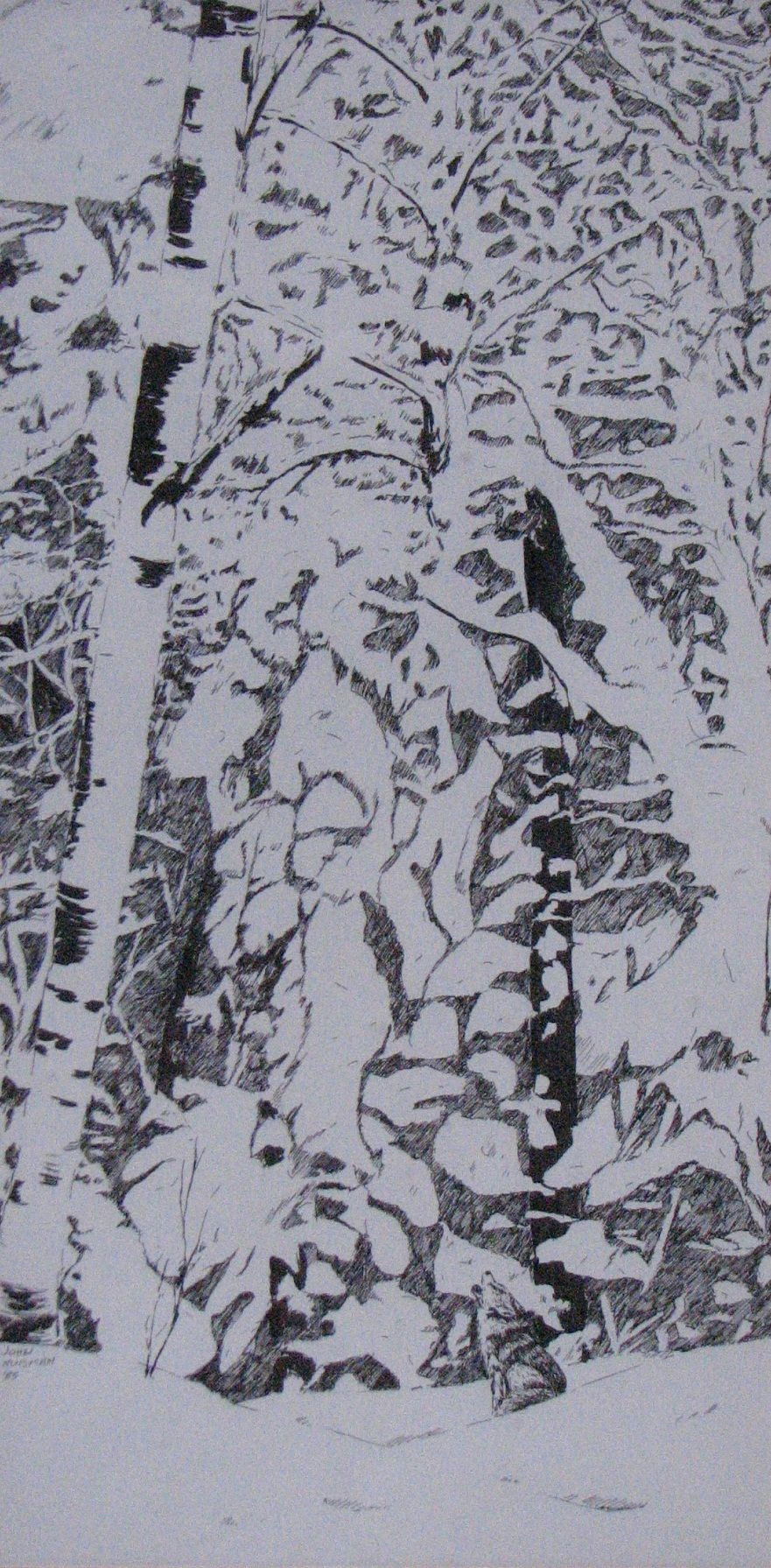 a pen and ink drawing of a winter scene with a wolf howling