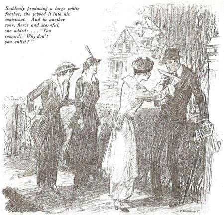 drawing of a woman jabbing a white feather into a man s waistcoat with two