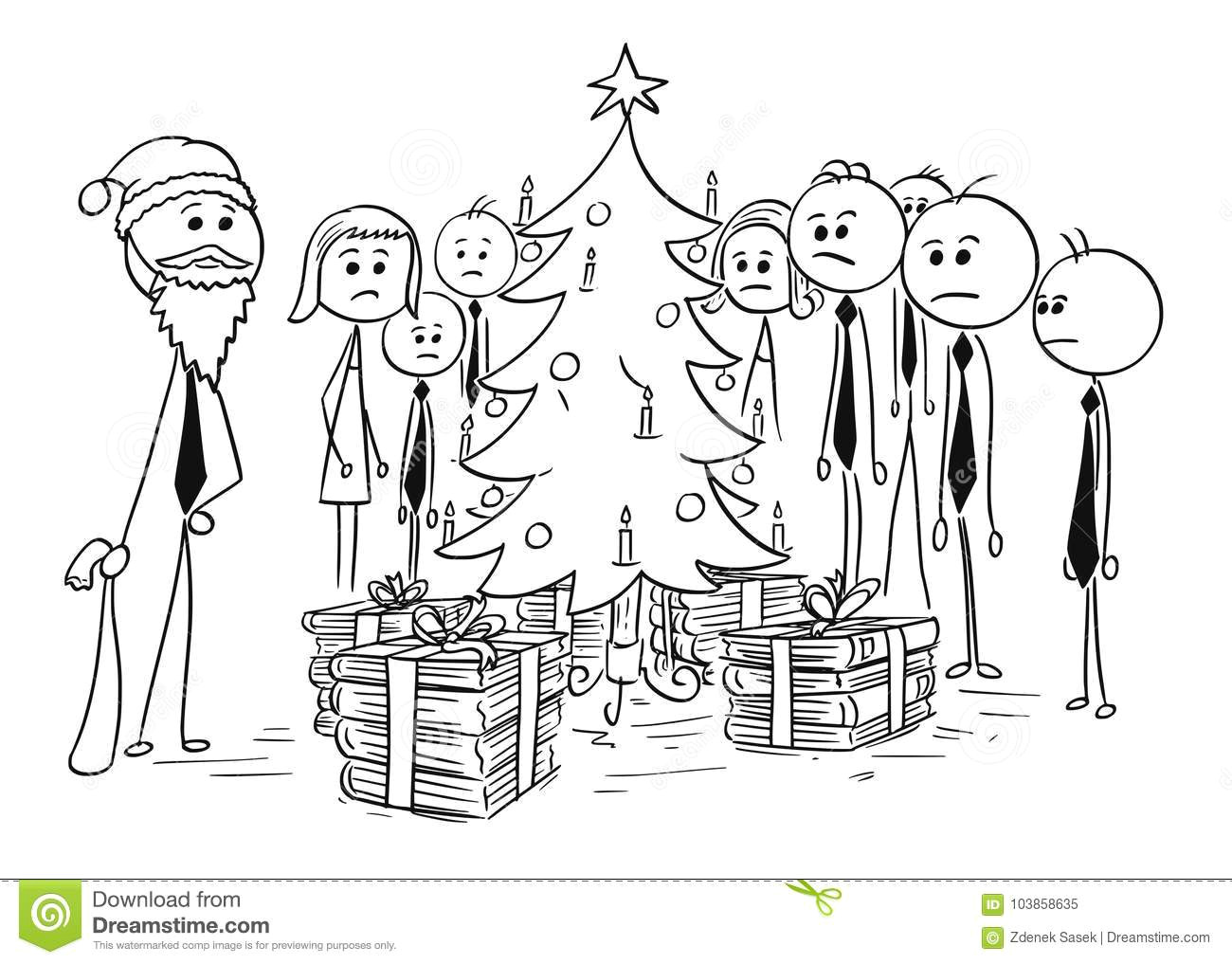 cartoon stick man drawing illustration of group of business people standing around christmas tree boss in santa claus costume is giving them more paper