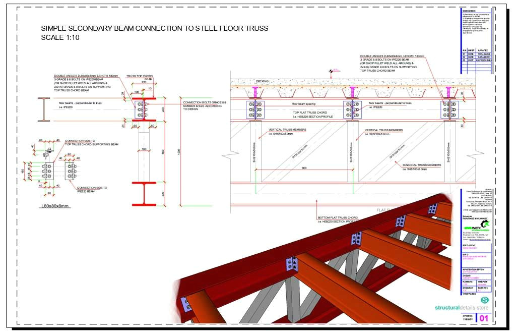 simple secondary beam connection to steel floor truss