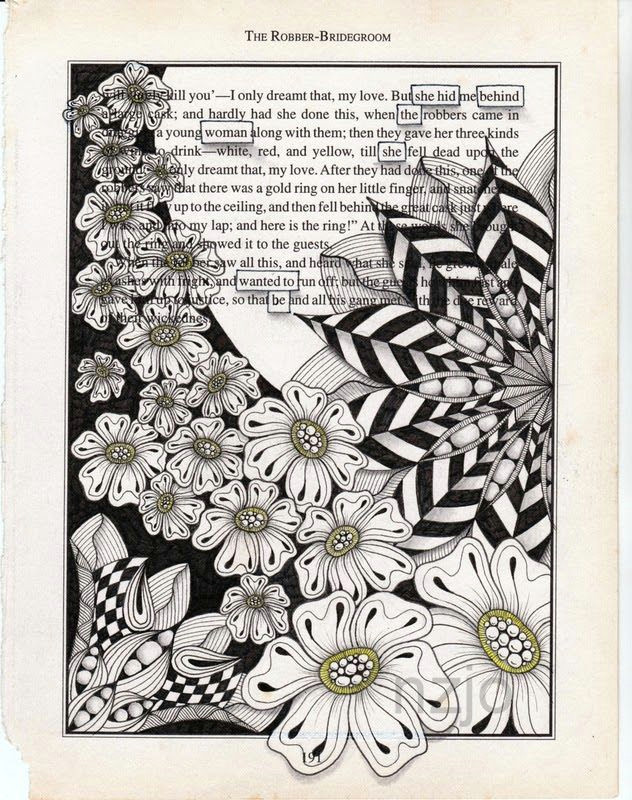 zentangle drawings on recycled vintage book pages by jo newsham