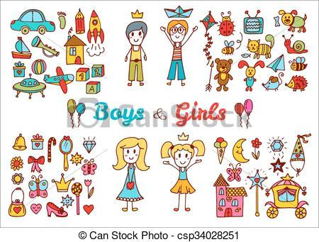 hand drawn baby boy and girl toys set clipart vector csp34028251 jpg
