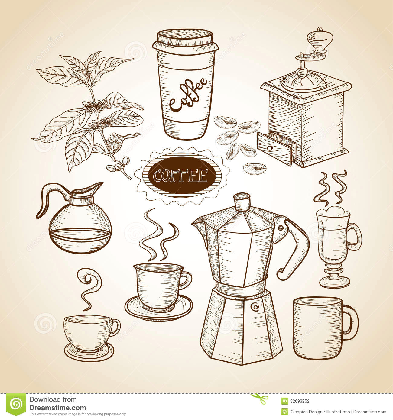 coffee elements hand drawn illustration vintage jar mug machine grinder vector layered easy manipulation 32693252 jpg