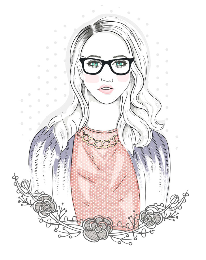 young fashion girl illustration hipster girl glasses flowers 64561443 jpg