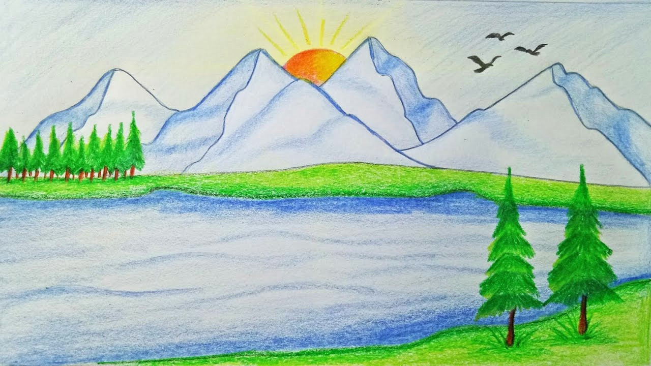 Easy Scenery Drawing for Class 3 How to Draw Scenery Of Mountain Step by Step Very Easy Art Video