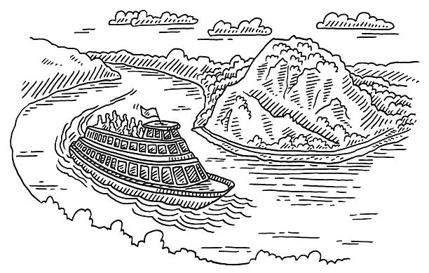 boat at loreley rock rhine river drawing vector id638112582