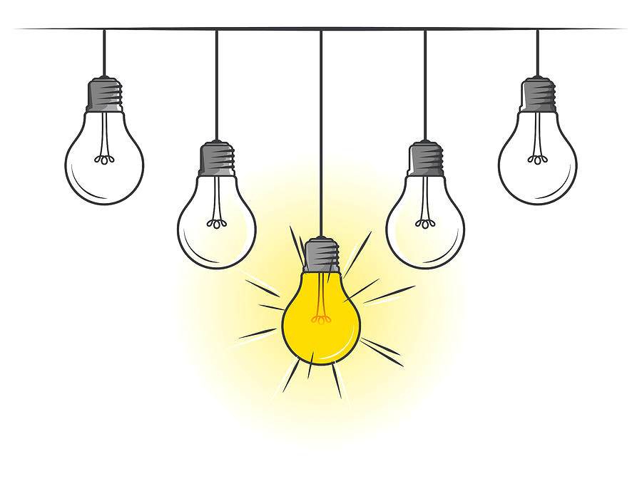 hanging light bulbs with glowing one on white background muchomor jpg