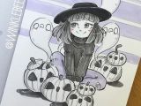 Anime Ghost Drawing Cute Witch with Jack O Lanterns and Ghosts Ink Minimal