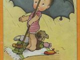 Cartoon Umbrella Drawing Images Mabel Lucie attwell Vintage Card Art toddler Girl Dog Swimming Ocean