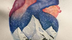 Chance Of Drawing A Heart Anatomical Heart and Winter Mountain Landscape Watercolor Painting