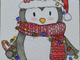 Christmas Animal Drawings Aceo original Watercolour and Pen Penguin Christmas