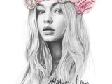 Drawing Girl with Flowers In Hair Gigi Hadid Flower Crown Fashion Illustration Portrait Colored
