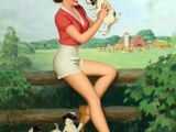 Drawing Of A Farm Girl Pin Up Farm Girl with Puppies Collie by Walt Otto Pin Up Girl Art