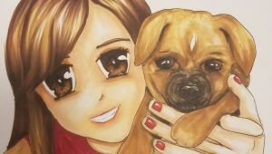 Drawing Of A Girl and Dog Anime Girl and Dog Copic and Prismacolor Markers Brown Anime Eyes