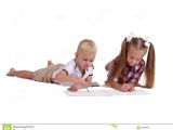 Drawing Of A Girl Studying Little Girl and Boy Drawing with Pencils isolated On A White