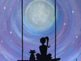 Drawing Of Girl On Swing A Girl and Her Cat Sitting On A Swing Under the Full Moon Print