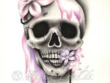 Drawing Skull and Flower Sweet Decay Skull Flower Pink Purple Girl Tattoo Pearls Art Print