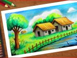 Easy Oil Pastel Drawing for Beginners Step by Step Indian Village Huts Scenery with Oil Pastels Step by Step