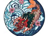 Flowers Drawing Circle Tattoo Design Koi Dragon with Cherry Blossom and Wave In Circle Koi
