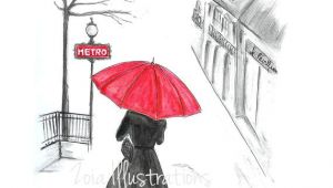 Umbrella Drawing Tumblr Paris Rain Fashion Illustration Print Red Umbrella French Girl